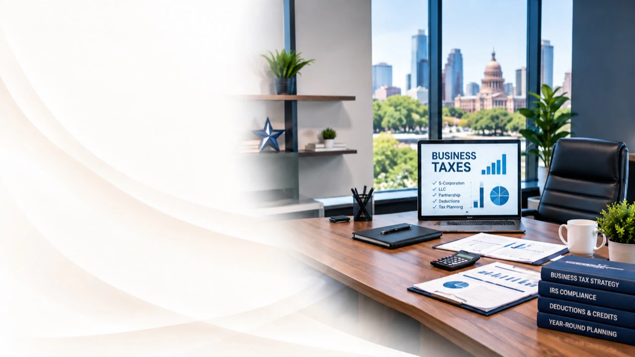 Business tax planning workspace overlooking downtown Austin and the Texas Capitol
