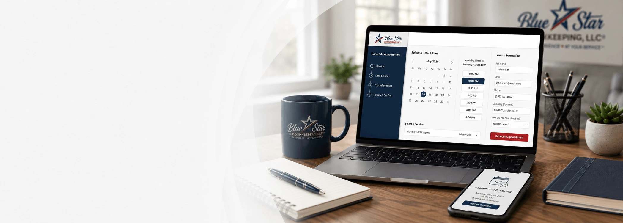 Blue Star Bookkeeping appointment system on desktop and mobile